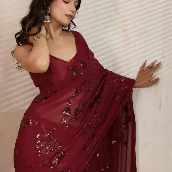 FashionsEye Floral Embroidered Pure Georgette Saree