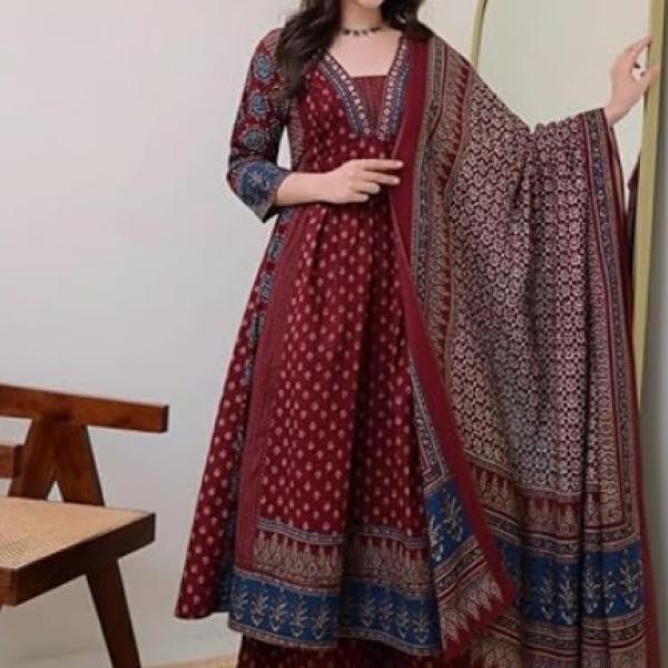 KLOSIA Women's Rayon Printed Anarkali Kurta and Pant with Dupatta Set