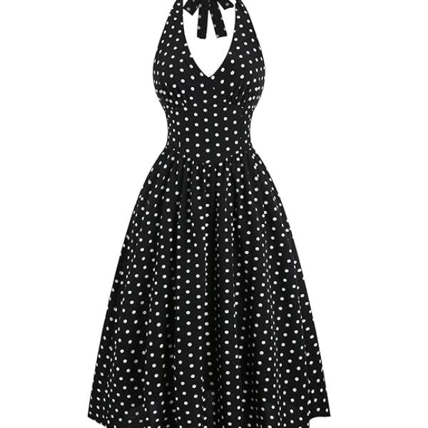 Aahwan Polka Dots Halter Long Dress Backless A Line Flared Vintage Party Club Dresses for Women's & Girl's