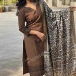 Kalachitras Women Pure Cotton Embroidery Straight Kurti with Pant & Dupatta Set (Brown)