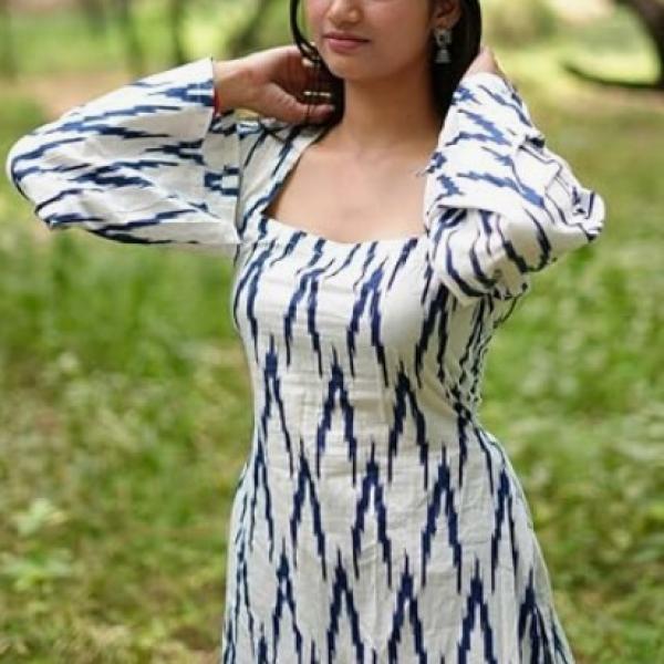 Women’s Ethnic Printed Square Neck Kurti | Long Sleeve Casual Kurti White(Ocean Wa-ave)