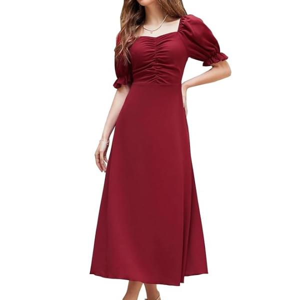 Shasmi Girl's & Women's Solid A-Line Ruched Puff Sleeve Maxi Long Evening One Piece Long Dress for Women Stylish (Dress 131)