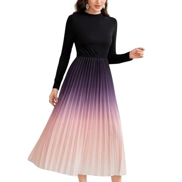LITZO Dress for Women || Women’s Ombre Pleated Maxi Dress || Elegant Long Sleeve Gradient A‑Line Gown for Parties & Casual Outings || Lightweight Comfortable Casual Wear (T-L-19-20)