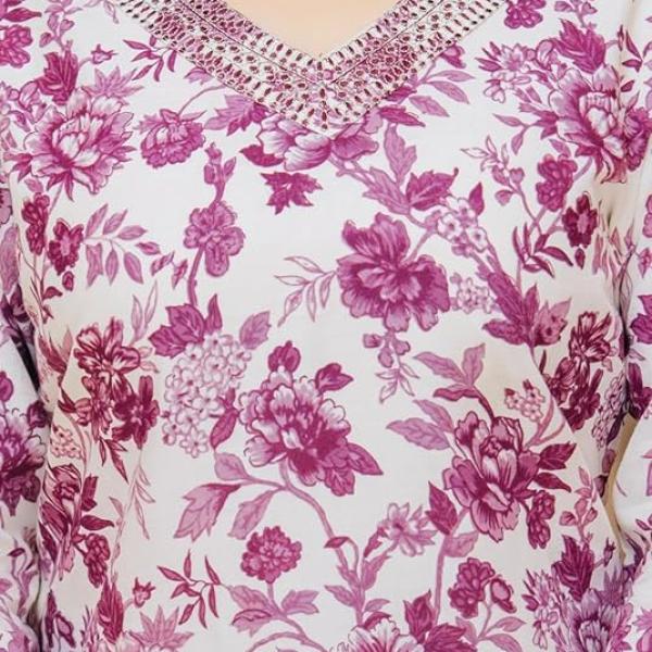 Women's Cotton Floral Printed Women's Rayon Short Kurta with Floral Print, Embroidery Work & Sweetheart Neckline | 3/4 Sleeves Casual Ethnic Tunic Top