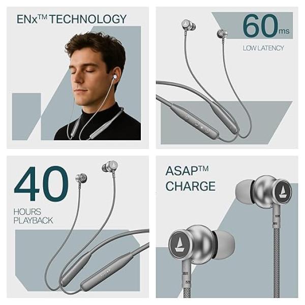 Boat Rockerz 113, 40H Battery, Dual Pair, Fast Charge, ENx Tech, Stream Ad Free Music via App Support, Magnetic Buds, Bluetooth Neckband, Wireless with Mic in Ear Earphones (Ash Grey)