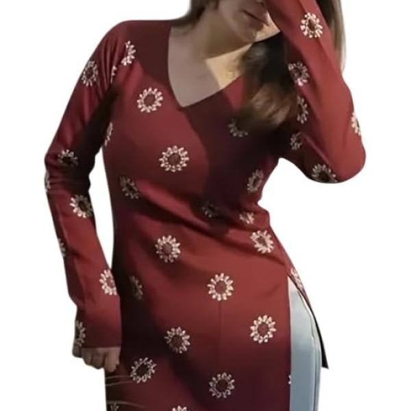 FELISIA Women's Rayon Floral Printed Full Sleeves V-Neck Short Kurti, Bell Sleeves, Short Kurti for Woman, Stylish Ethnic Top, Daily Casual Western & Office wear