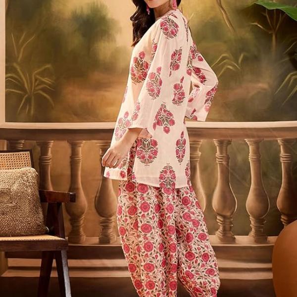 EthnicJunction Women's Linen Floral Print Summer Wear Straight Short Kurti With farshi Salwar Set | Kurta Pant Set | Office wear Kurta Set | Vacation wear Kurta set