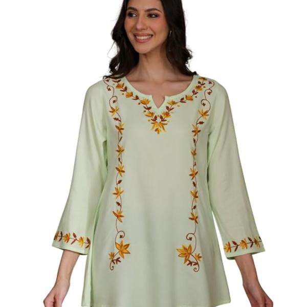 QAZMI Women Kashmiri Aari Embroidered A-Line Viscose Rayon Short Kurti with Full Sleeves
