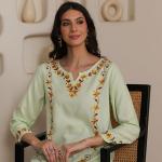 QAZMI Women Kashmiri Aari Embroidered A-Line Viscose Rayon Short Kurti with Full Sleeves