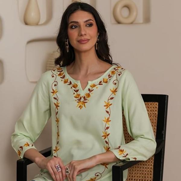 QAZMI Women Kashmiri Aari Embroidered A-Line Viscose Rayon Short Kurti with Full Sleeves