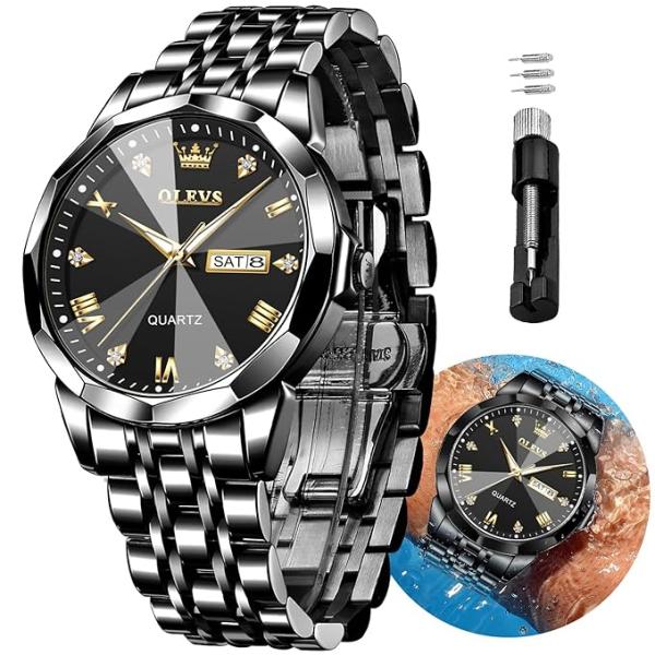 OLEVS Original Men's Diamond Watch Analog Quartz Stainless Steel Calendar Business Dress Watch with Luminous Waterproof Casual Wristwatch