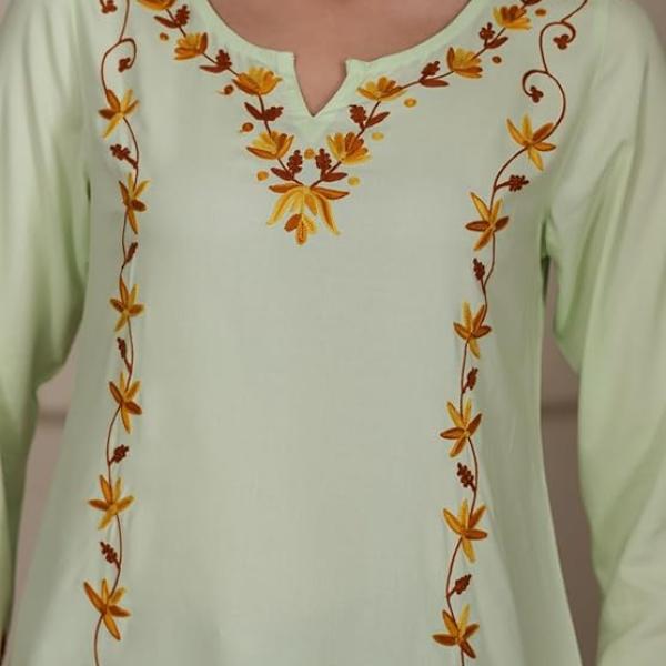 QAZMI Women Kashmiri Aari Embroidered A-Line Viscose Rayon Short Kurti with Full Sleeves