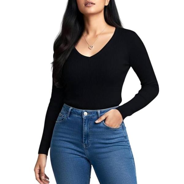 Women’s V Neck Ribbed Full Sleeve Top for Women Stylish Fitted Ribbed Top for Jeans | Casual Office Tops for Women | Western Tops for Women Stylish