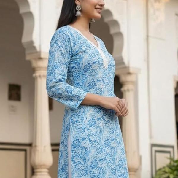 Women Cotton Printed Short Kurti Combo Pack of 2(Blue & Pink) | Stylish Floral Ethnic Kurta Tops for Girls & Women | Casual Tunic for Jeans