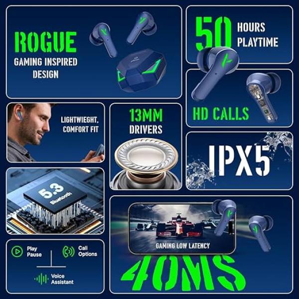 pTron Bassbuds Rogue W/ 40Ms Low-Latency Gaming,Clear Calls,50Hrs Playtime,Pristine Sound,V5.3 Bluetooth in Ear Headphones,Snug-Fit,RGB Lights,Touch Control,Voice Assist,IPX5 Water Resistant (Navy)