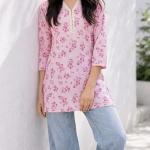 Women Cotton Printed Short Kurti Combo Pack of 2(Blue & Pink) | Stylish Floral Ethnic Kurta Tops for Girls & Women | Casual Tunic for Jeans