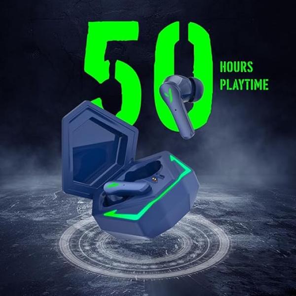 pTron Bassbuds Rogue W/ 40Ms Low-Latency Gaming,Clear Calls,50Hrs Playtime,Pristine Sound,V5.3 Bluetooth in Ear Headphones,Snug-Fit,RGB Lights,Touch Control,Voice Assist,IPX5 Water Resistant (Navy)