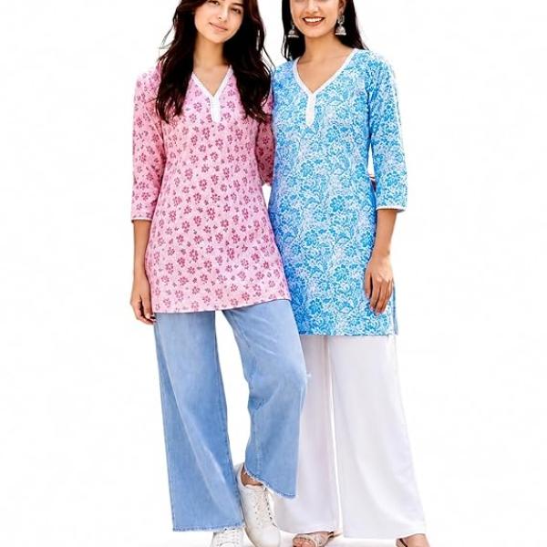 Women Cotton Printed Short Kurti Combo Pack of 2(Blue & Pink) | Stylish Floral Ethnic Kurta Tops for Girls & Women | Casual Tunic for Jeans