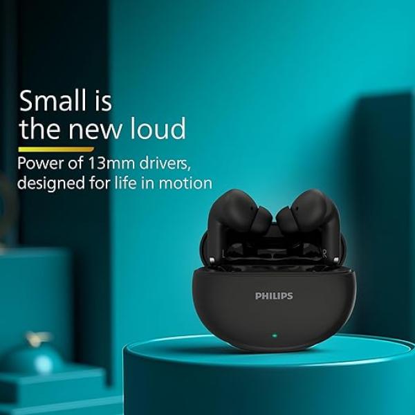 hilips TAT1269 Bluetooth Truly Wireless in Ear Earbuds with mic, 13mm Drivers, Bluetooth 5.4, 40H Playtime, IPX5, Fast Charging, Touch Controls, Voice Assistant, Mono Mode, LED Indicator (Deep Black)