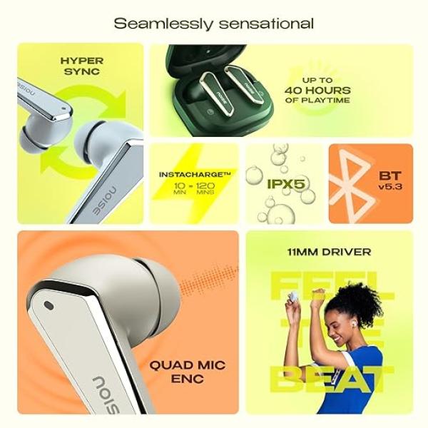 Noise Buds N1 Truly Wireless Earbuds with Chrome Finish, 40H of Playtime, Quad Mic with ENC, Ultra Low Latency Gaming (Up to 40 Ms), Instacharge(10 Min=120 Min), Bluetooth V5.3(Calm Beige)