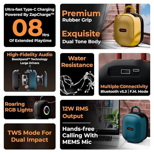 Roar 12 Portable Bluetooth Speaker, 12W Deep Bass, 8H Playtime, Type-C Fast Charging, BT v5.3, TWS Stereo Pairing, FM Radio, USB/SD Card, Handsfree with Built-in Mic (Rustic Dust)