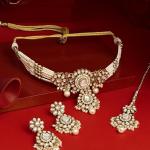 ZAVERI PEARLS Gold Tone Dazzling Kundan Multistrand Pearls Choker Necklace Earring & Maangtikka Set For Women-ZPFK19087