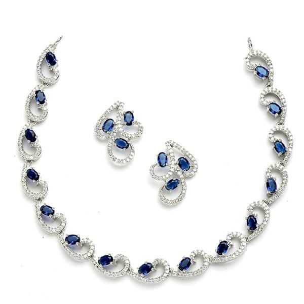 ZENEME Rhodium-Plated with Silver-Toned White Cubic Zirconia & American Diamond studded Necklace and Drop Earrings Jewellery Set for women