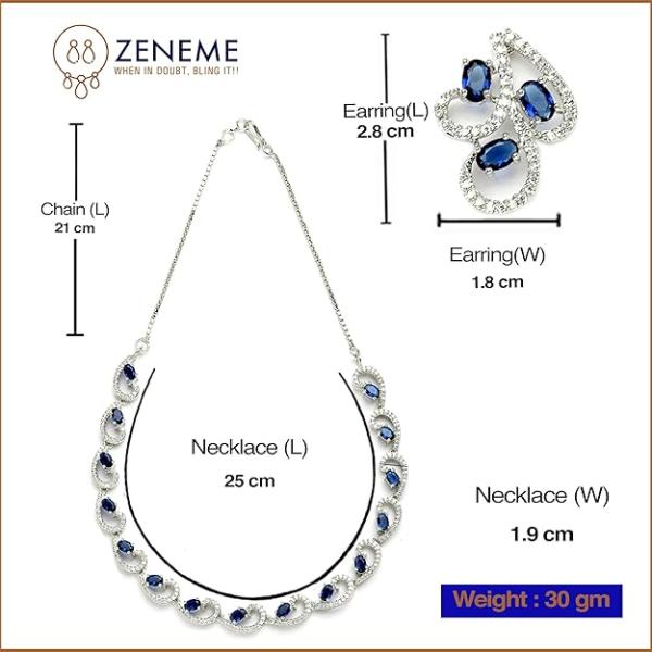 ZENEME Rhodium-Plated with Silver-Toned White Cubic Zirconia & American Diamond studded Necklace and Drop Earrings Jewellery Set for women