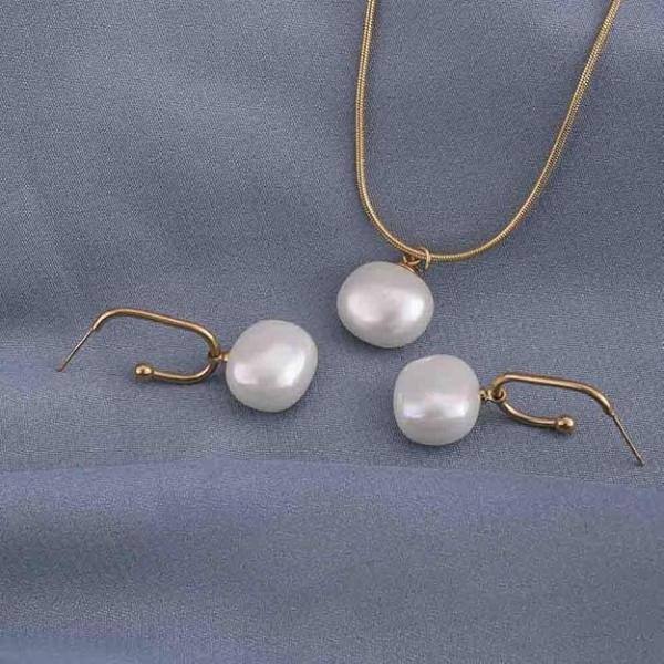 PALMONAS Classic Pearl Pendant Necklace & Earring Jewellery Set for Womens
