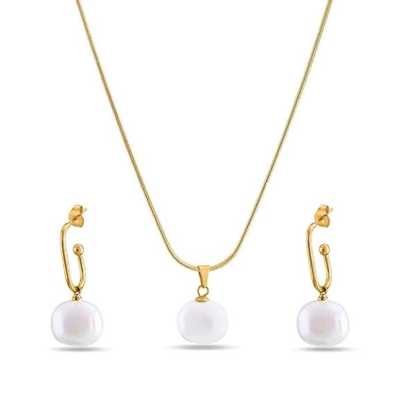 PALMONAS Classic Pearl Pendant Necklace & Earring Jewellery Set for Womens