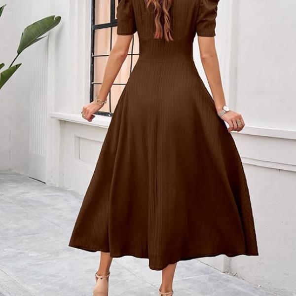 Shasmi Girl's & Women's Solid Color V-Neck A-Line Maxi Dress for Women | New Year Party Outfit | Waist Cinched Puff Sleeve Western | Elegant Casual Wear (Dress 246)