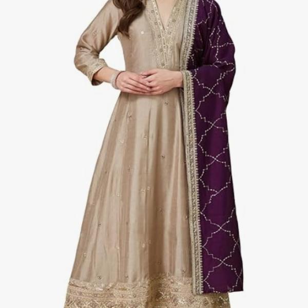MOKOSH Women’s Silk Anarkali Suit Floral Thread & Sequin Embroidered Kurta Pant Dupatta Set Ethnic Wear