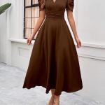 Shasmi Girl's & Women's Solid Color V-Neck A-Line Maxi Dress for Women | New Year Party Outfit | Waist Cinched Puff Sleeve Western | Elegant Casual Wear (Dress 246)