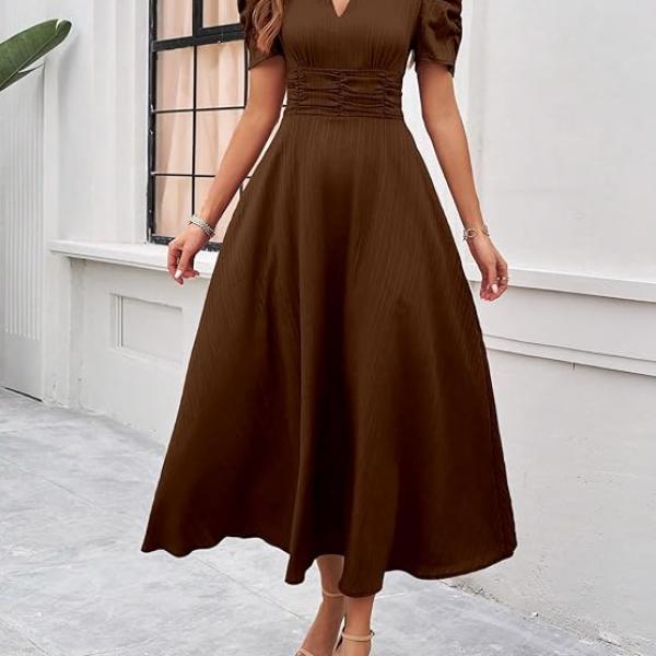 Shasmi Girl's & Women's Solid Color V-Neck A-Line Maxi Dress for Women | New Year Party Outfit | Waist Cinched Puff Sleeve Western | Elegant Casual Wear (Dress 246)