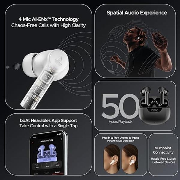 Boat Airdopes 300, Cinematic Spatial Audio, 50HRS Battery, 4Mic AI ENx, Fast Charge, App Support, Low Latency, IPX4, v5.3 Bluetooth Earbuds, TWS Ear Buds Wireless Earphones with mic (Gunmetal Black)