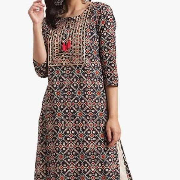 rytras Women's Cotton Straight Fit Printed Straight Kurta