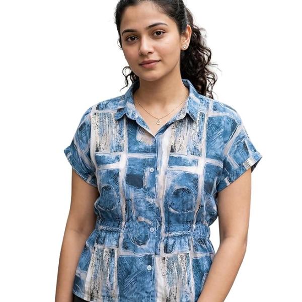 HELLCAT Women Casual Shirt |Collar Neck| Regular Fit Peplum Gathered Waist Short Sleeve Abstract Print | Breathable Cotton Blend Summer Top for Everyday & Smart Outings