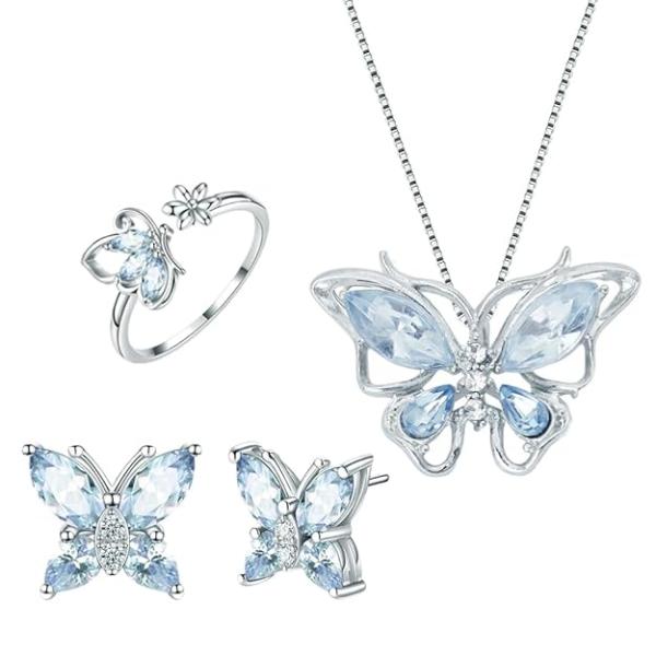 SANNIDHI® 4 Pcs Jewellery Set for Women Girls Crystal Butterfly Chain Pendant Necklace Adjustable Finger Rings Studs Earrings Stylish Necklace Set Valentine Birthday Gift for Women, Girls