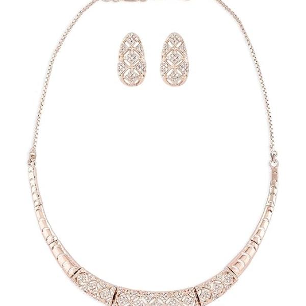 ZAVERI PEARLS Rose Gold Cubic Zirconia Party Bling Necklace & Earring Set For Women-ZPFK15274