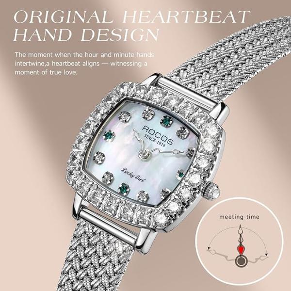 ROCOSJEWE Luxury Silver Diamond Ladies Watch for Women, Square Quartz Wrist Watch with Natural Mother-of-Pearl Dial, Elegant Small Dial, Premium Branded Women’s Watch, Gift for Women R0264