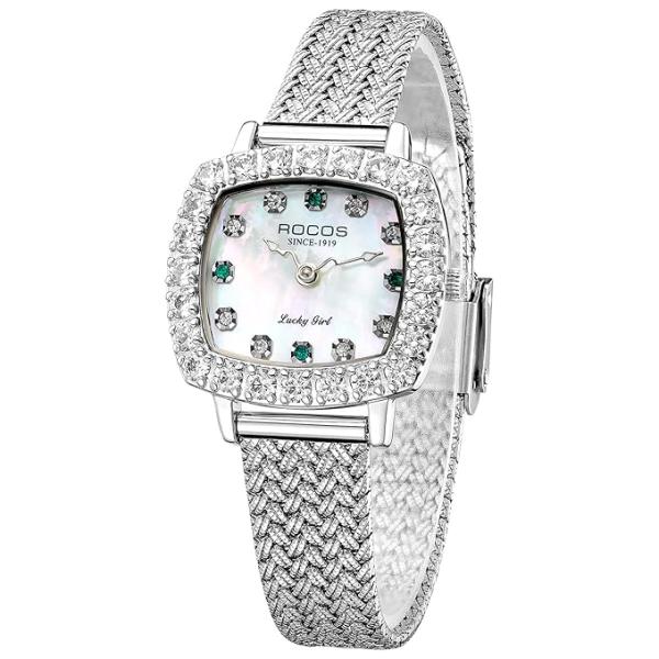 ROCOSJEWE Luxury Silver Diamond Ladies Watch for Women, Square Quartz Wrist Watch with Natural Mother-of-Pearl Dial, Elegant Small Dial, Premium Branded Women’s Watch, Gift for Women R0264