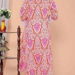 IndoBhutan Seller Women's Cotton Printed Mandarin Collar A-Line Kurti with Pant (Orange)