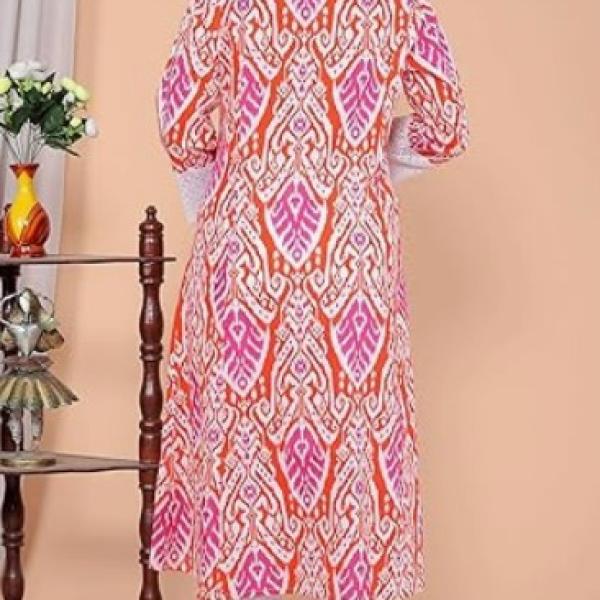 IndoBhutan Seller Women's Cotton Printed Mandarin Collar A-Line Kurti with Pant (Orange)