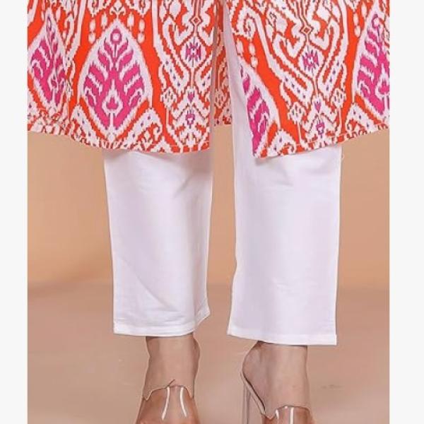 IndoBhutan Seller Women's Cotton Printed Mandarin Collar A-Line Kurti with Pant (Orange)