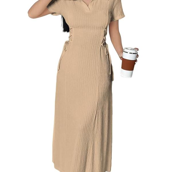 Shasmi Women’s Solid Color Applique Lace-Up Collared Short Sleeve, Side-Tie Waist Long Casual Maxi Women Dress Outfit Long Evening Midi Western Party Dress for Women (Dress 211)