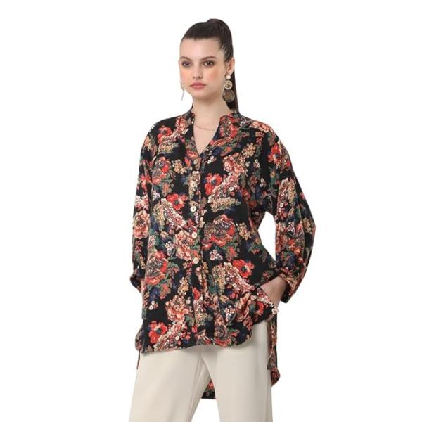Tunic for Women, Stylish Shirt for Ladies, Black Floral Print,Classic Trendy Silhouette,Elegant Button Detailing, Girls Summer Clothing.