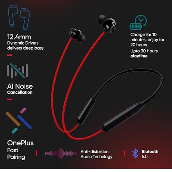 One.Plus Compatible Bluetooth Wireless Neckband Earphones with Mic | Hybrid ANC 45dB, Heavy Bass, ENC Calling, Fast Charging, 28 Hours Playback | Compatible with OnePlus 12, 12R, Nord Series
