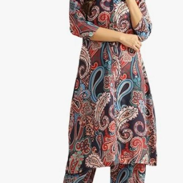 Leriya Fashion Co Ord Set for Women Stylish | Ethnic Kurta Sets for Woman | Traditional Straight Kurti with Pant | Daily Comfortable Outfit for Office Ethnic Set | 3/4 Sleeve Top with Relaxed Fit Pant
