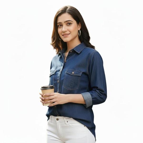 Women's Denim Shirt with Regular Fit Solid Pattern Long Sleeve Collared Neck and Button Down Closure|Women's Denim Shirt