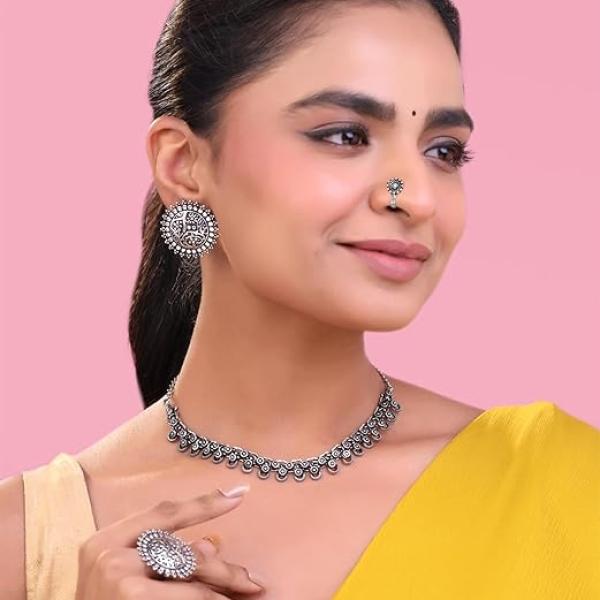 Yellow Chimes Oxidised Necklace Set For Women And Girls German Silver Oxidised Designed Ethnic Jewellery Choker Necklace Set For Women And Girls